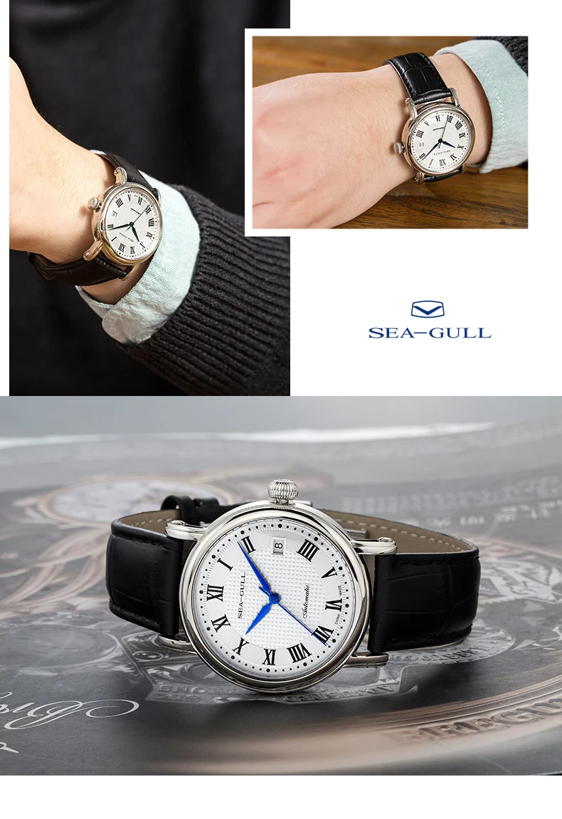 SEA-GULL деловые часы Мужские механические наручные часы 50 м Водонепроницаемые кожаные мужские часы на День святого Валентина с застежкой-браслетом 819,368