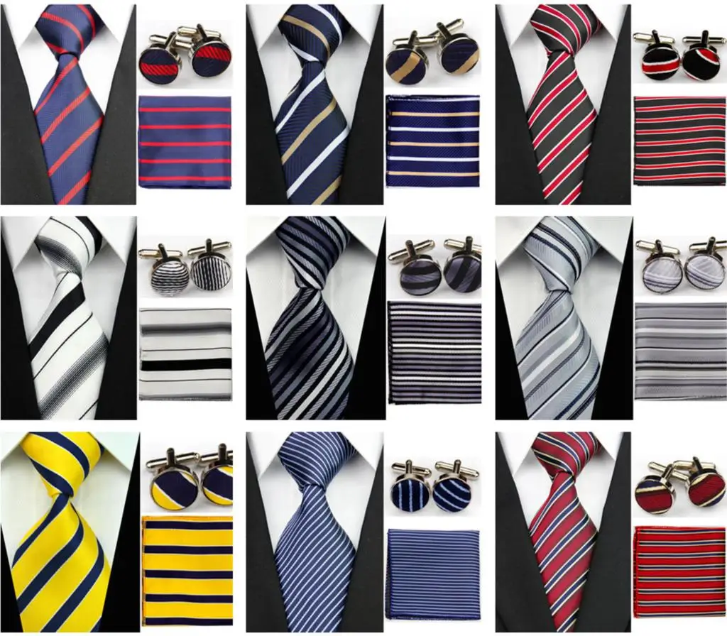 Mens Accessories Tie for Men Striped Pattern Silk Necktie Ties Set Hanky Handkerchief Cufflinks Red Yellow Blue 118|tie microphone|accessories