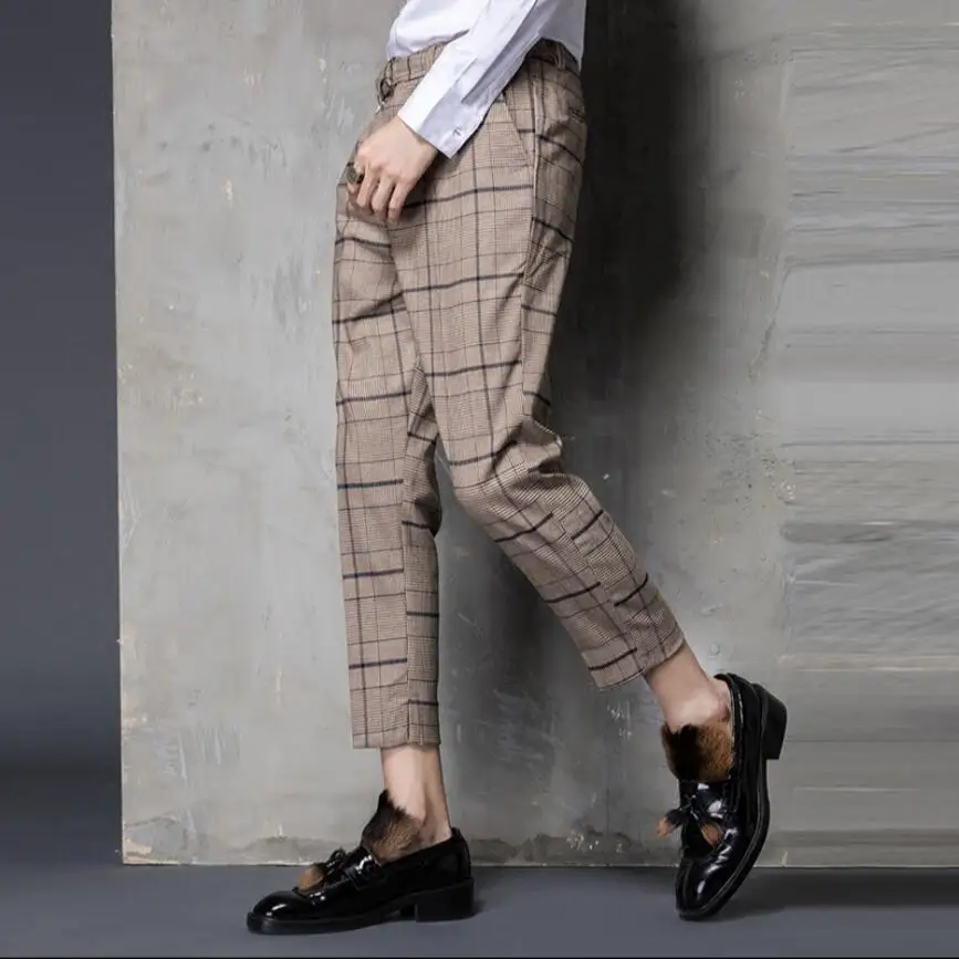 

M-3xl New Korean Version Of The Grid Nine Points Pants Men's Slim British Feet Small Trousers Hairstylist Casual Pants Costumes