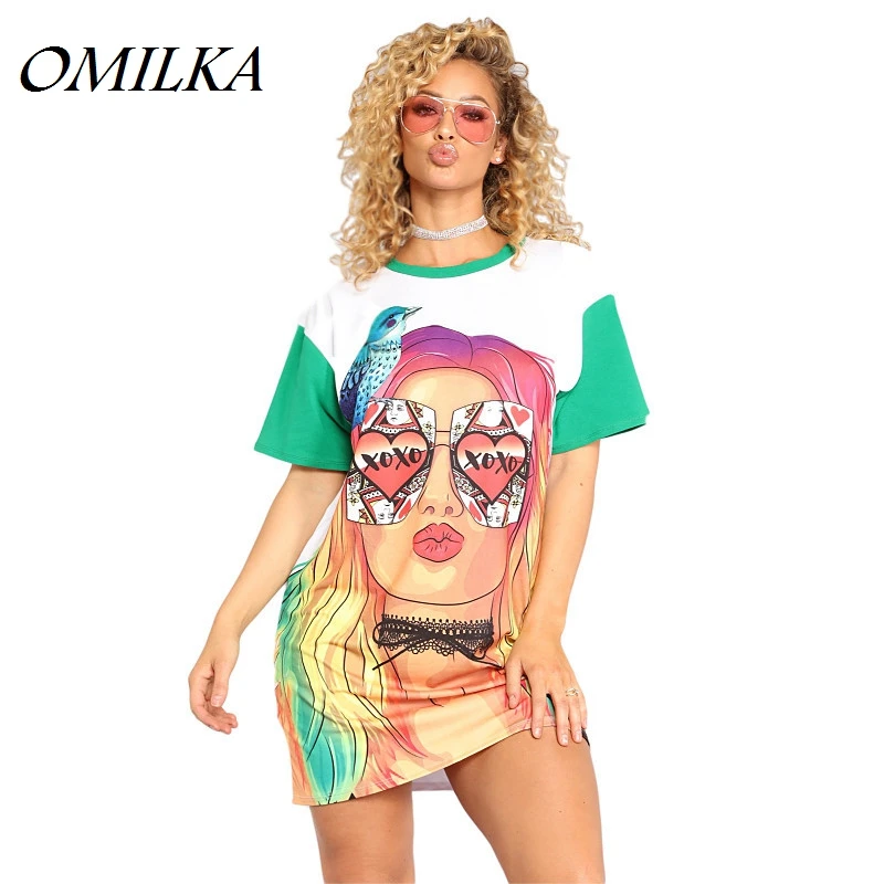 OMILKA/ летнее женское платье-футболка с короткими рукавами и круглым вырезом, с 3D принтом, повседневное свободное мини-платье в стиле хип-хоп для уличного клуба