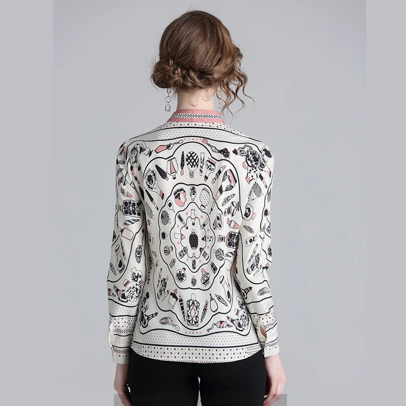 

2019 Women Long Sleeve Casual Blouse Elegant Design Ladies Luxury Runway Shirt High Quality stand Collar Tops strip flora white