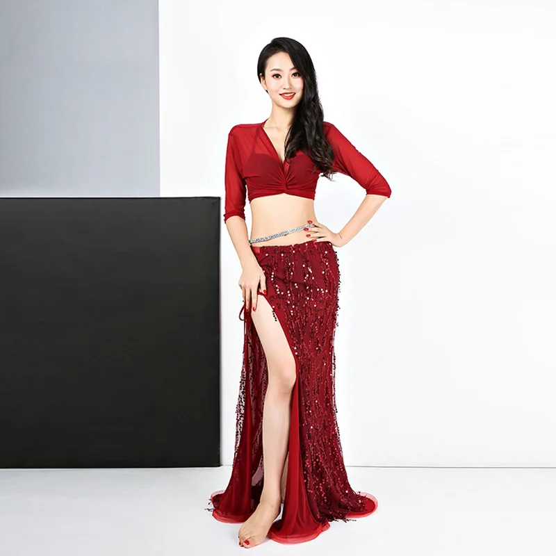 

Bellydance Gauze Perspective Belly dance Placketing Tassel Paillette Skirt 2pcs set for women performance wears costumes ZM234