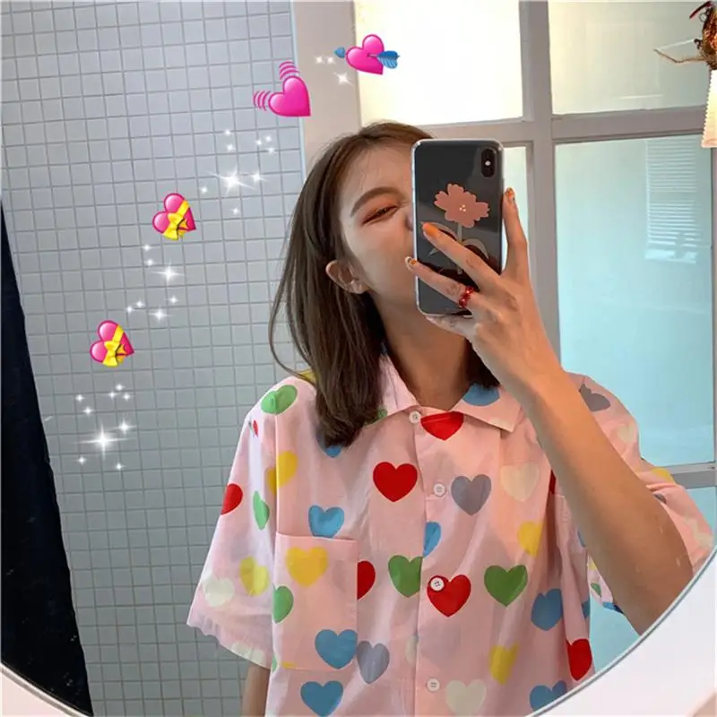 Для женщин рубашки для мальчиков корейский Ulzzang Sweet Love печати короткий рукав