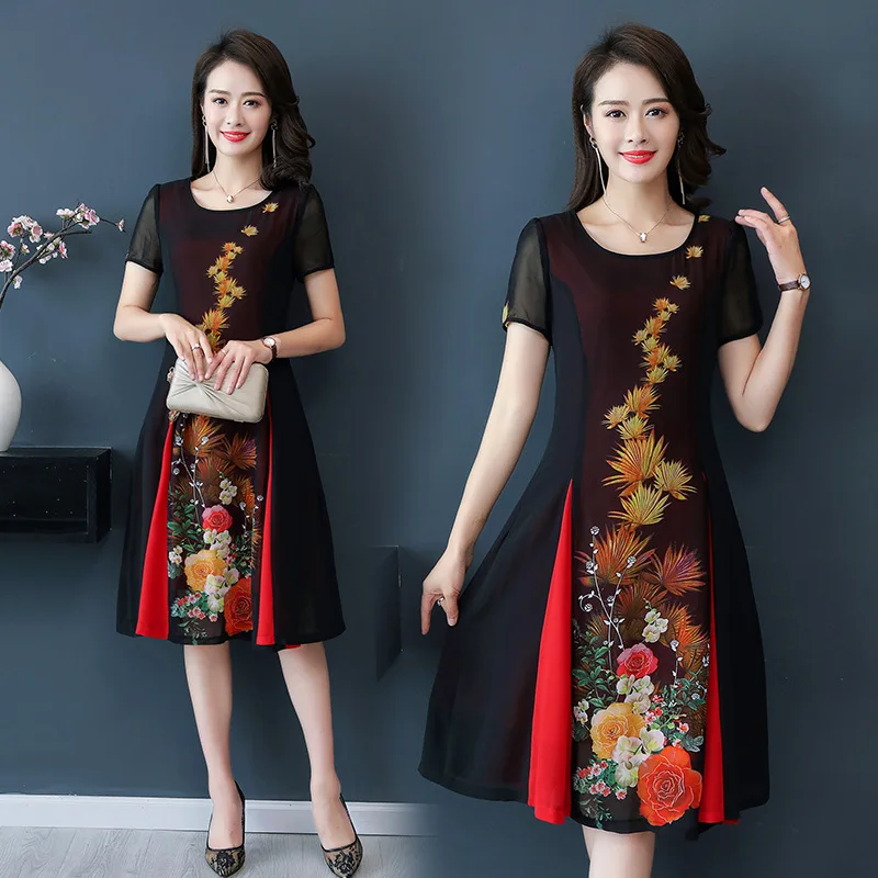 Элегантное шифоновое платье с принтом для женщин на лето 2019 платья средней длины