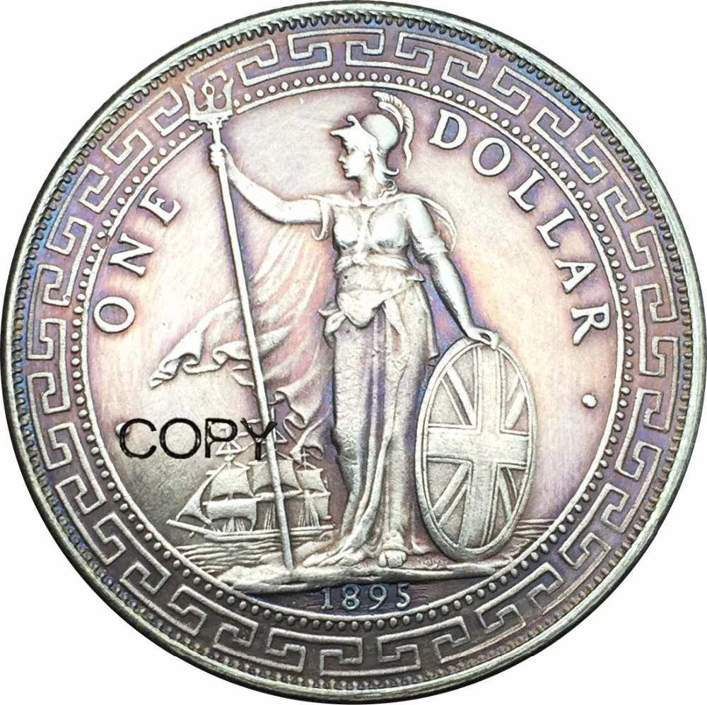 

British Trade One Dollar 1895 Hong Kong Yi Yuan Brass Silver Plated Copy Coins