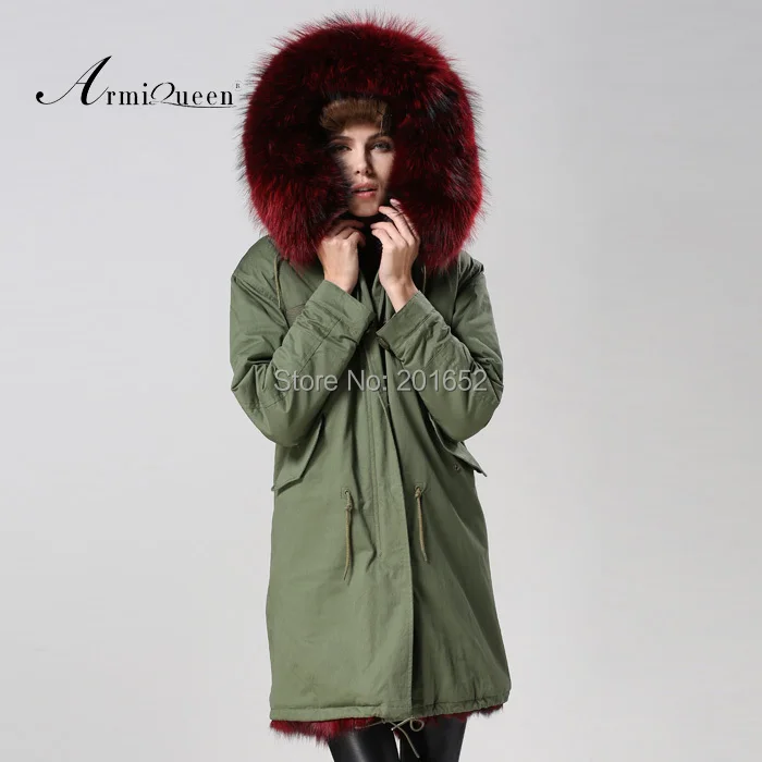 Фабричная продажа длинная парка со съемным бордовым мехом енота на капюшоне с