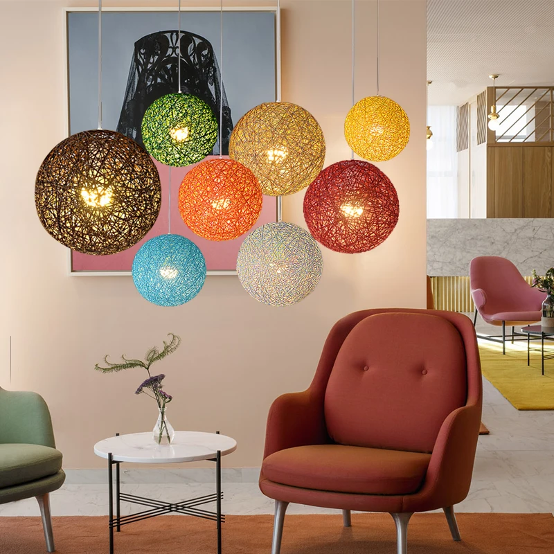 DIY hemp ball E27 pendant lamp rattan bohemian woven color light bird's nest bar clothing store restaurant round spherical light