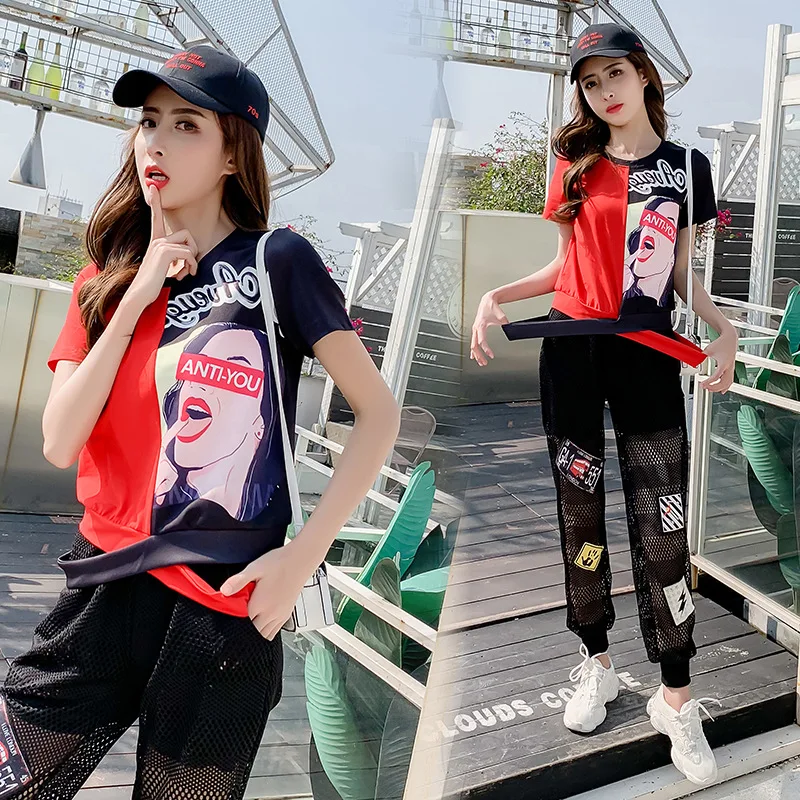Мода Harajuku Для женщин комплект Лоскутная футболка с короткими рукавами + брюки в