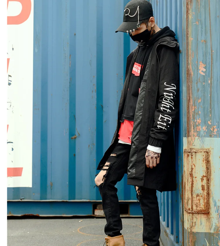 Зимний мужской черный длинный плащ в стиле хип-хоп, панк, с лентами, Лоскутная куртка с капюшоном, мужской повседневный винтажный плащ, пальто для ночного клуба и сцены