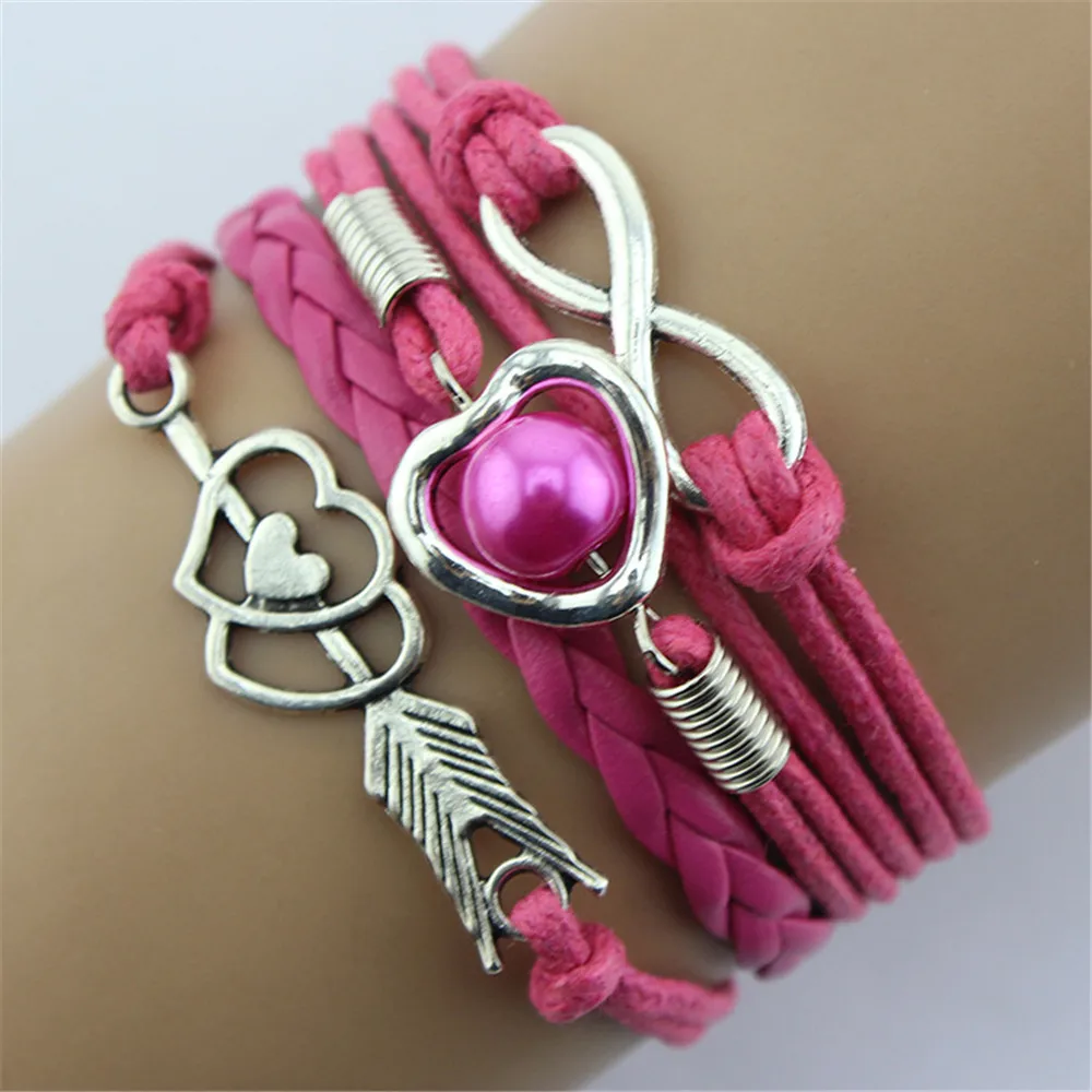 Vintage Cupid's Arrow Heart Pearl Charm Bracelets Bangle Woman Men Fashion Female Handmade Multilayer Leather Wristband Bracelet |