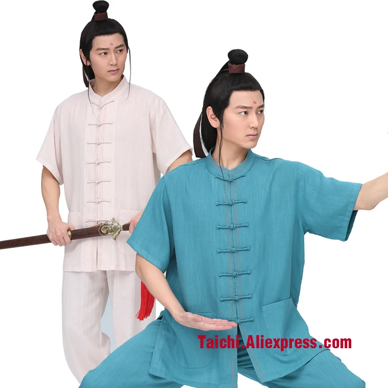 

Мужская льняная Униформа ручной работы с коротким рукавом тайчи, костюм кунг-фу для боевого искусства, китайская спортивная одежда