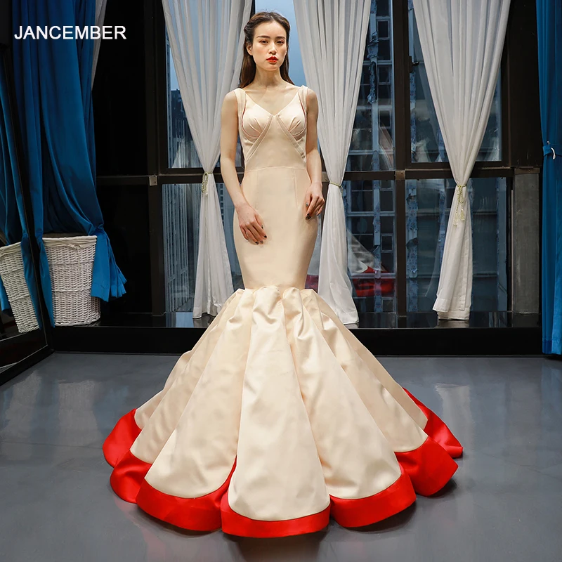 J66788 jancember атласное с юбкой русалкой вечерние платья длинным v образным вырезом