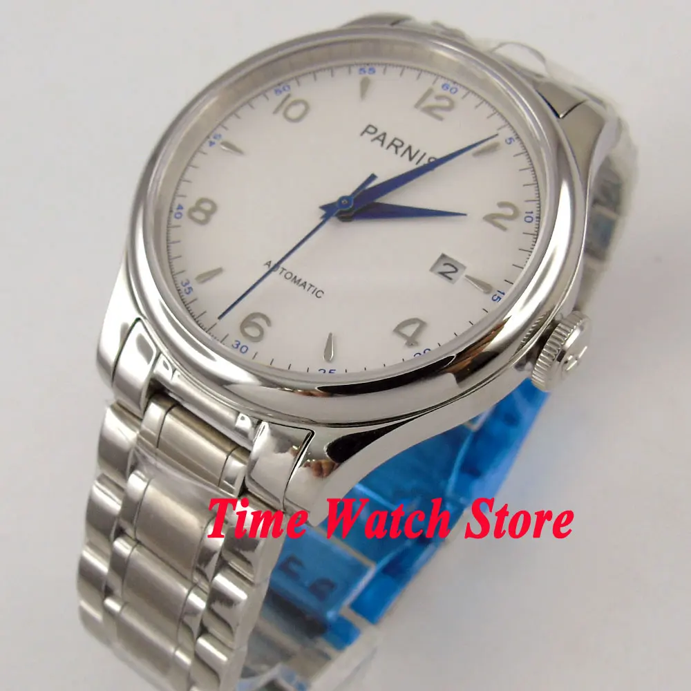 Парнис 38 мм белый циферблат синий руки Дата сапфировое стекло 21 jewels MIYOTA
