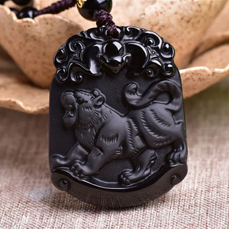 

Natural Black Obsidian Pendant Carved Chinese Zodiac Animal Tiger Pendant Bead Necklace Lucky Amulet Men Women's Jewelry