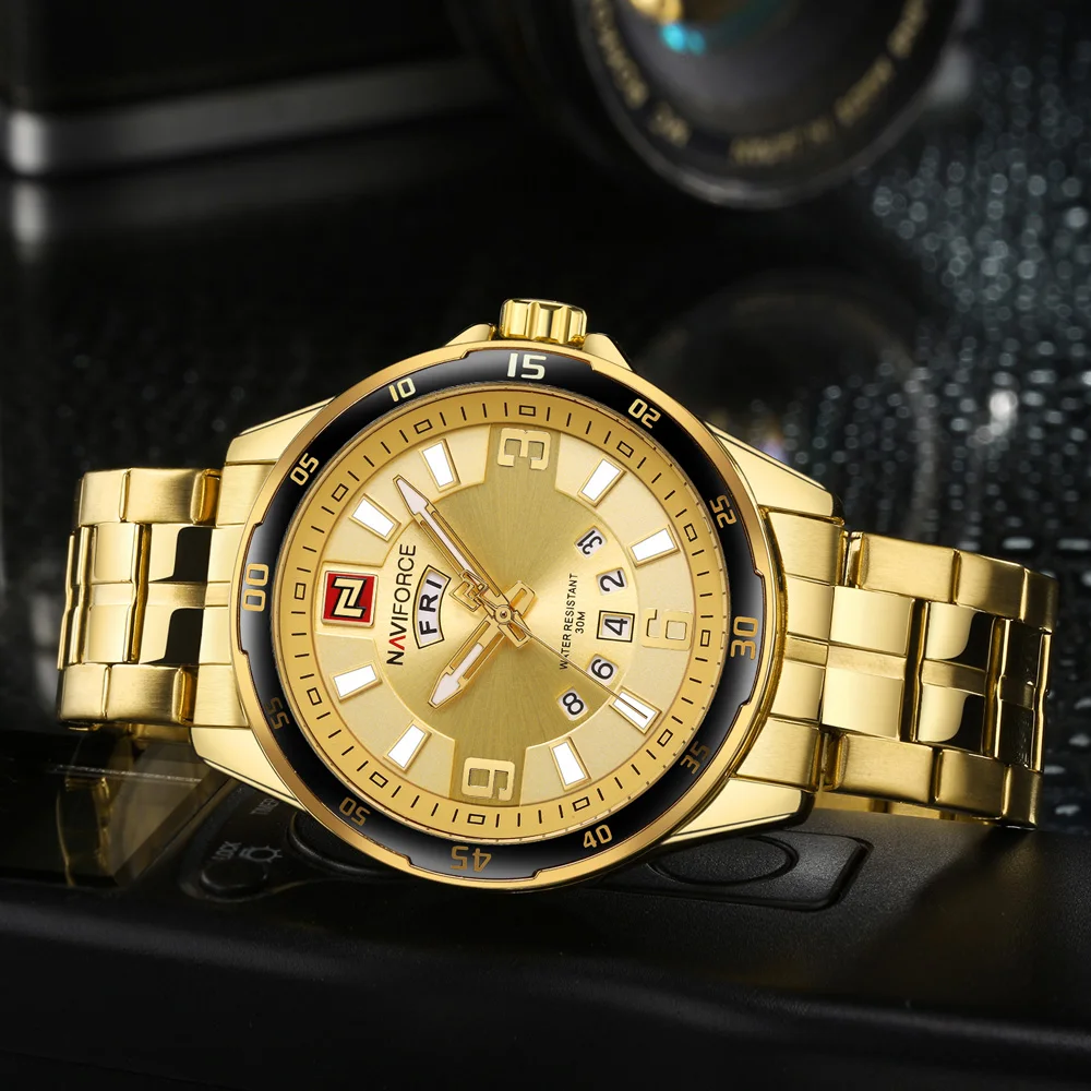 Мужские золотые часы Топ бренд Naviforce 9106 спортивные часы мужские водонепроницаемые полностью Стальные кварцевые армейские военные часы мужские Relogio Masculino