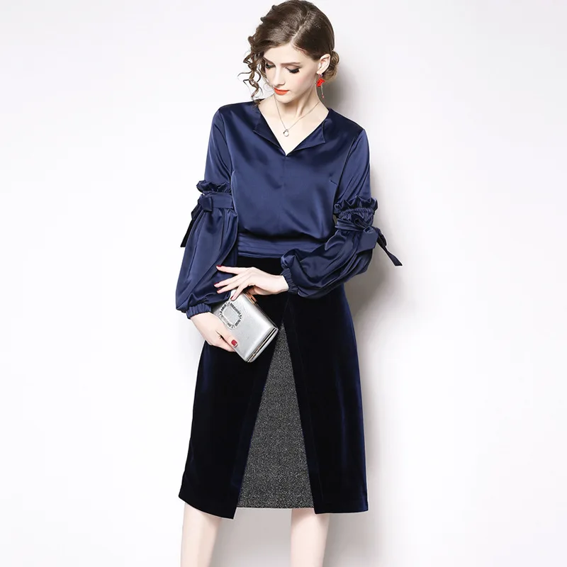 

BLLOCUE 2019 Autumn Runway Office Lady 2 Piece Set Women V Neck Lace-up Lantern Sleeve Satin Top+Slim-fit Split Velvet Skirt Set