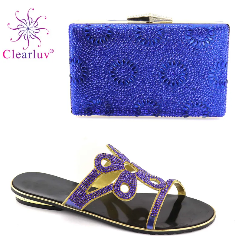 

New Arrival Royal Blue Color Shoe and Bag Set for Party In Women Nigerian Shoes and Matching Bags Set Decorated with Rhinestone