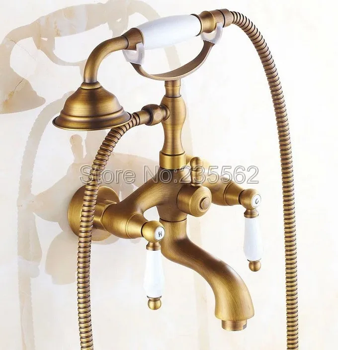 Античный латунный настенный кран для ванной комнаты с ручной душевой головкой