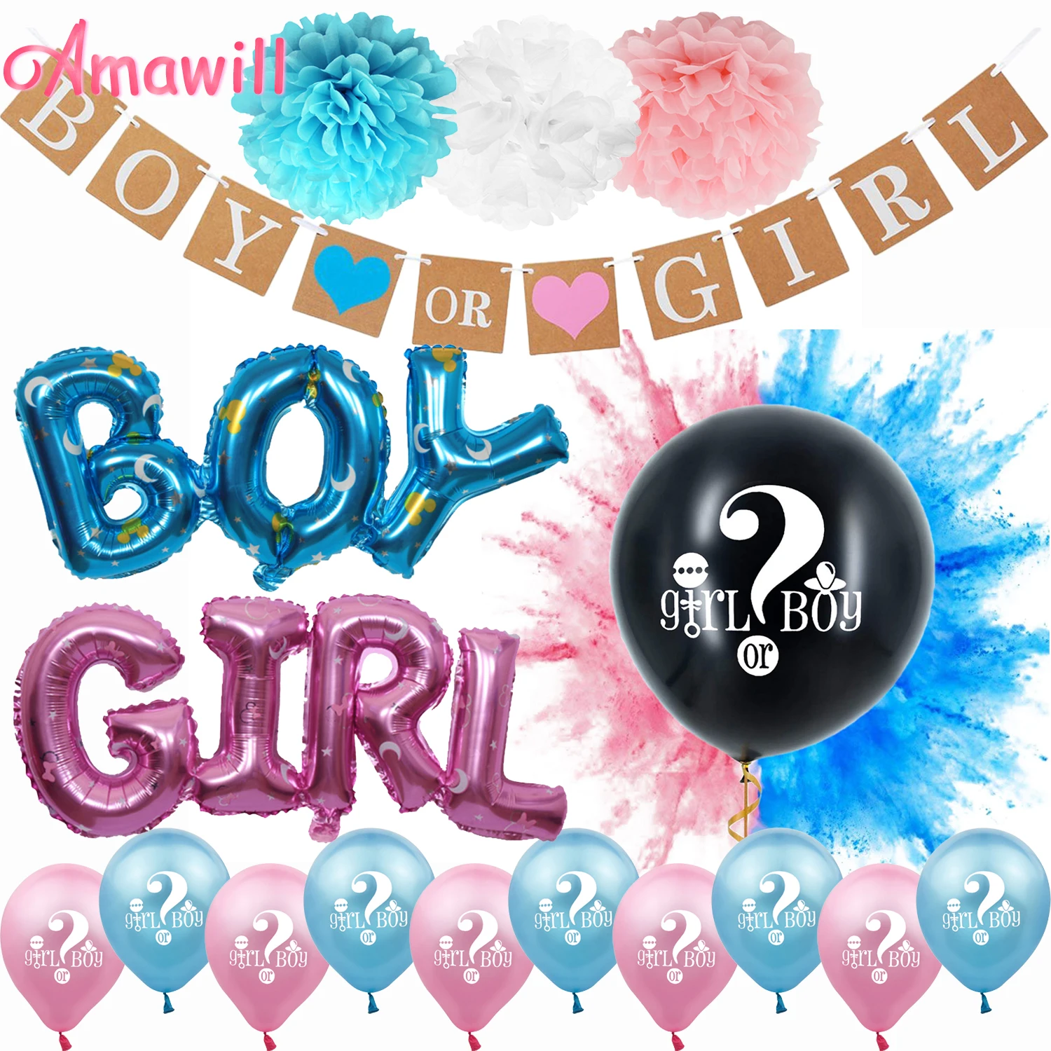

Amawill бумажный баннер для мальчиков или девочек, синий и розовый цвета, фольгированные воздушные шары для детского душа, украшения для дня ро...