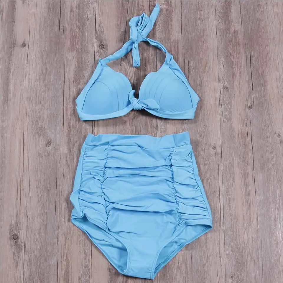 SUNRAINBOW 2019 Bikini Set New High Waist Push Up Swimsuit Bikinis Women Solid Print Swimwear Vintage Retro Halter Bathing Suit |