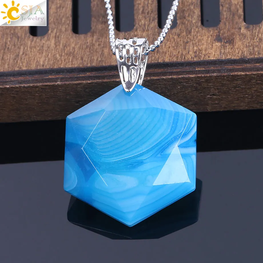 Blue Agate Chain CSJA Ограненный гексагональный натуральный драгоценный камень ожерелья и подвески опал лазурит розовый с кварцевым тигровым глазом чакра рейки ювелирные изделия E643 - Окраска металла: Blue Agate Chain