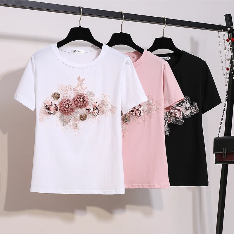 Женская Милая футболка с цветочной вышивкой круглый вырез короткий рукав