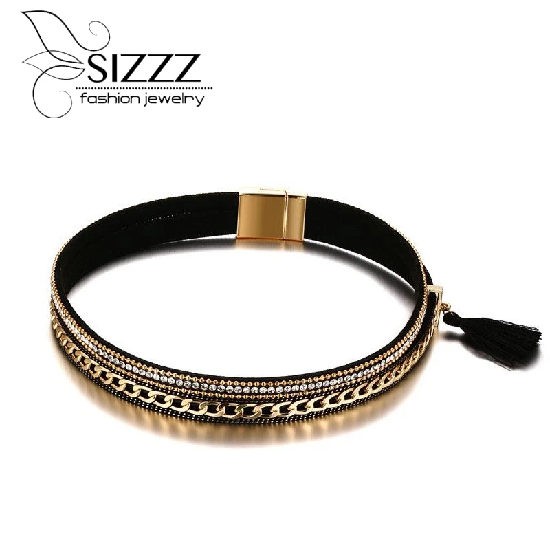 SIZZZ 38.5cm Long 17mm Wide Alloy PU Leather Collar Gold Plating Necklace For Girl/Women | Украшения и аксессуары