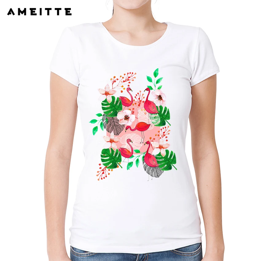 Футболка женская летняя с принтом Фламинго и цветы | Женская одежда