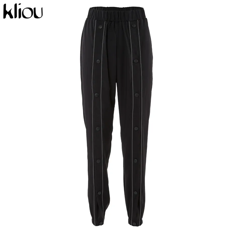 Kliou women casual pants long length hollow out black cargo pants high waist autumn new arrival fashion street trousers