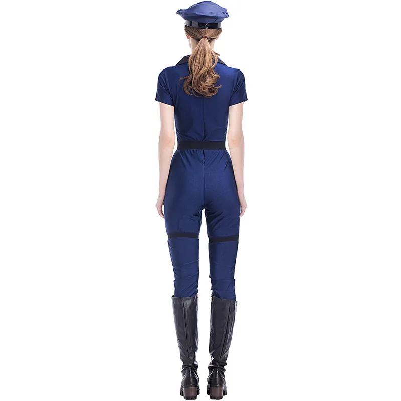 

Blue Long Sleeve with Hat Female Police Suit,Deep V Neck Police Officer Uniform Adult Women Police Costumes Sheriff Uniforms