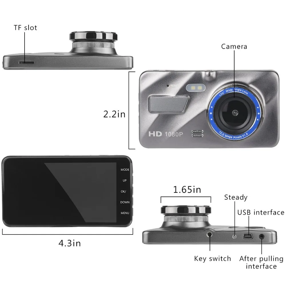 Новый видеорегистратор с двойным объективом для автомобиля Full HD 1080 P 4 "ips