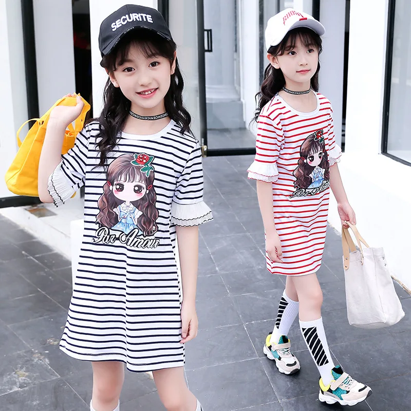 Kids Girls Dress Cotton Striped Short sleeve Clothing summer Casual Children 4 5 6 7 8 9 10 11 12 13 14 Years | Детская одежда и