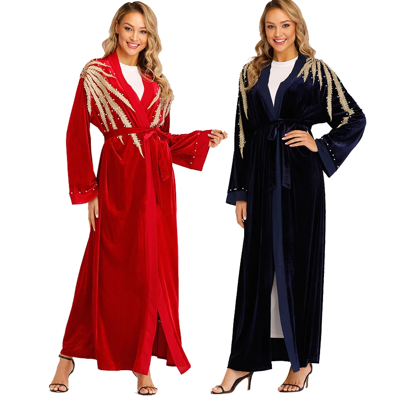 Мусульманская вышивка красная Абая для женщин Кафтан Кардиган темно синий