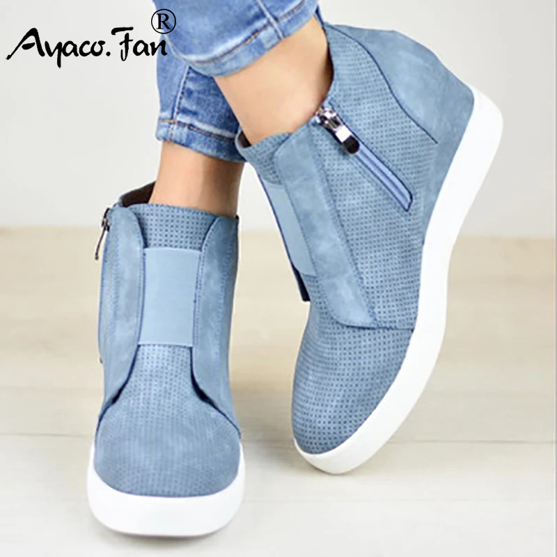 Женские ботинки на танкетке с закругленным носком молнии большие размеры