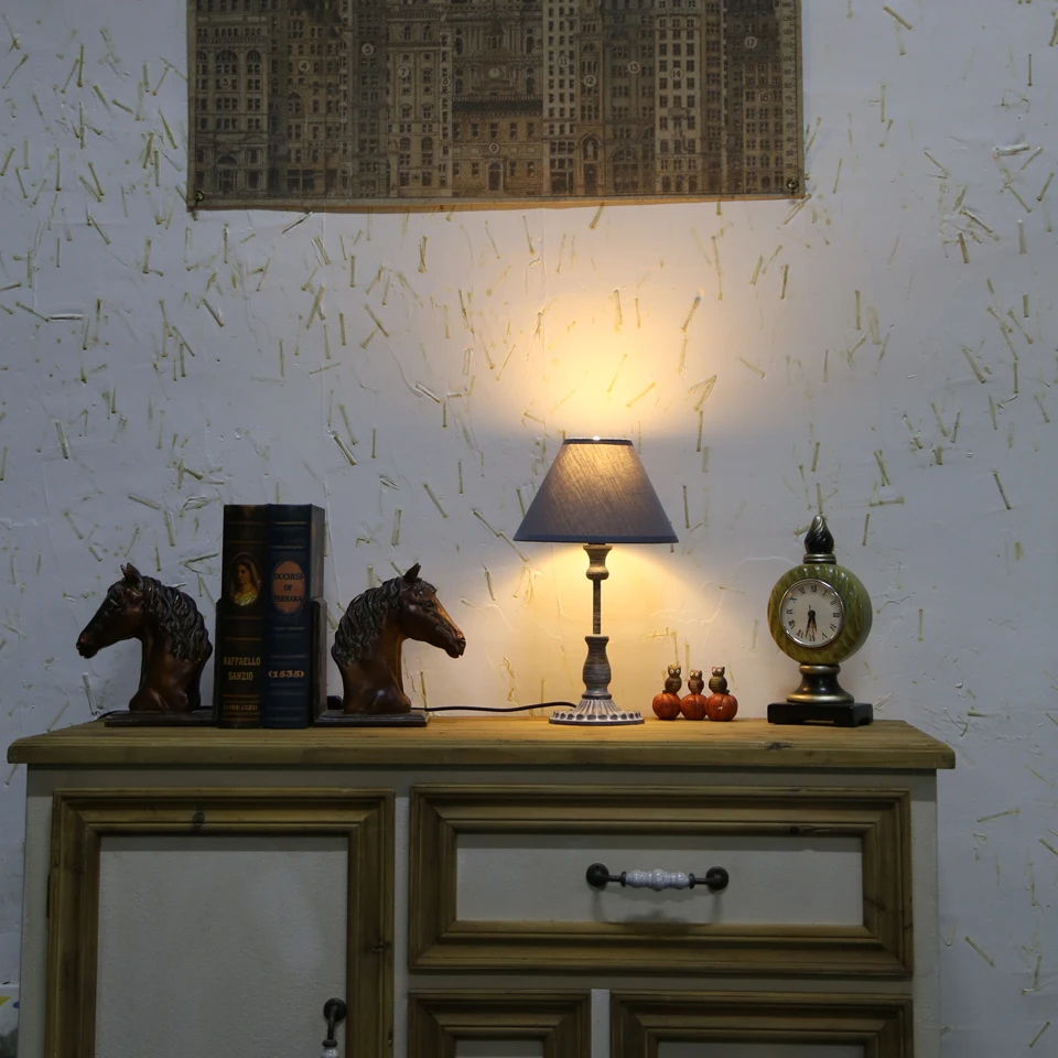 OYGROUP Винтажная настольная лампа из серой ткани дымоход Железный корпус лампы