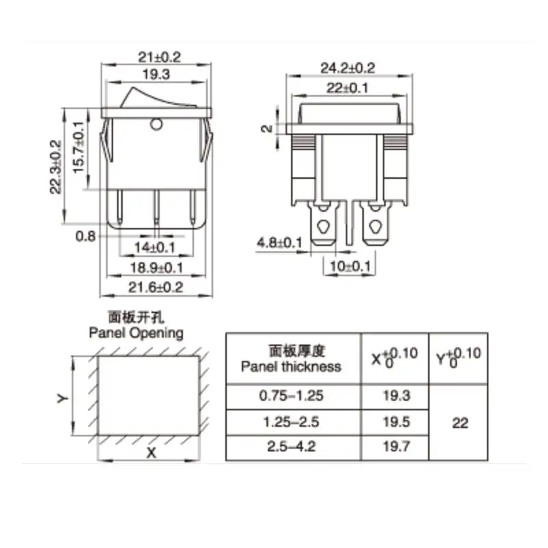 KCD5 21x24 мм 21*24 4 контакта 2 положения 6A/12A 250VAC ON OFF DPST Черный клавишный
