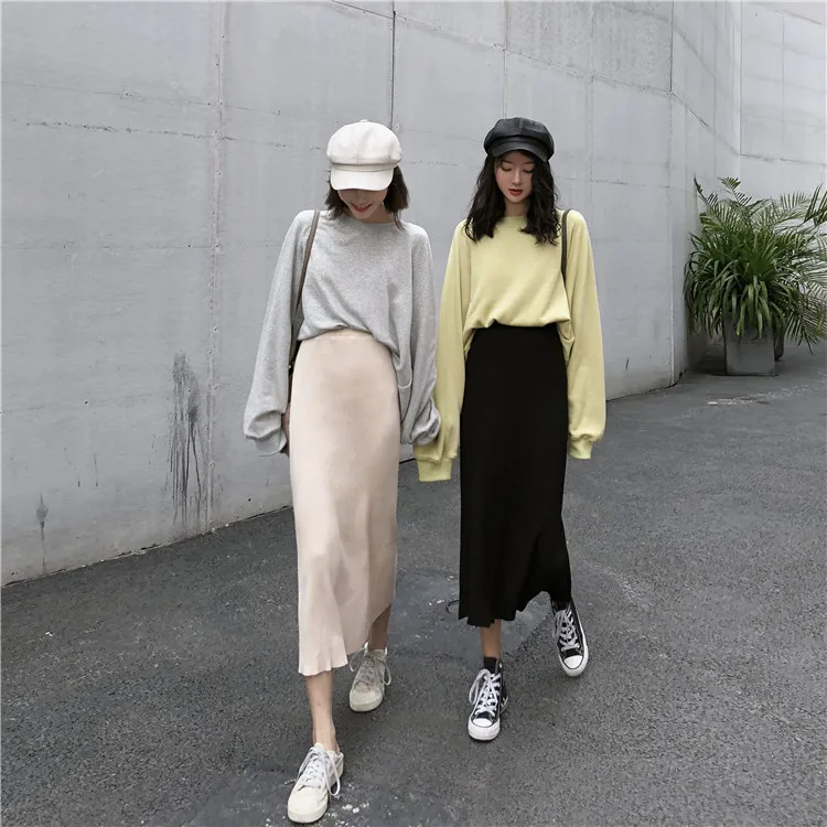 Harajuku уличная трикотажная юбка осень зима Корейская мода универсальная Сплит миди Faldas Mujer однотонные черные юбки женские