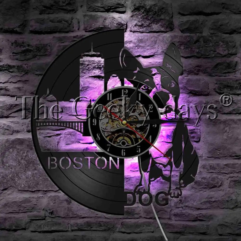  French Bulldog Vinyl Record Wall Clock With LED Backlight Home Decor Watch Pet Puppy Dog Animal Decorative Lighting | Лампы и