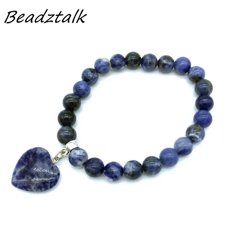 

Wholesale 5pcs Natural Stone Beads Women Pendant Bracelet 8 mm Stretch Elastic Bangle With Heart Charm Jewelry 20 Kinds Stones