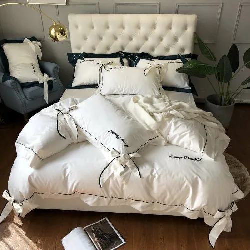 bedding set 2 Египетский хлопок роскошный комплект постельного белья бежевый серый розовый бант пододеяльник мягкая простыня покрывало простыня комплект parure de lit - Цвет: bedding set 2