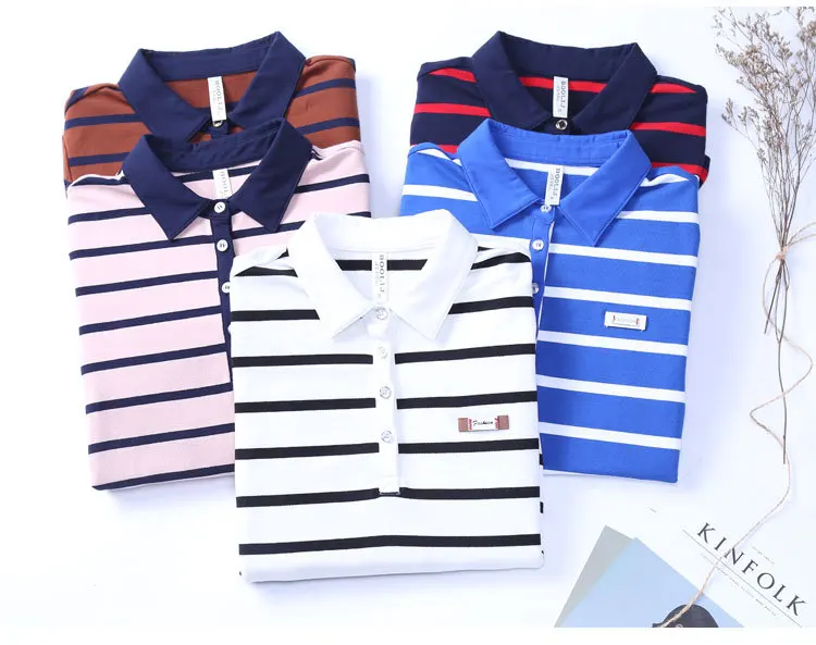 Женская хлопковая рубашка поло в полоску с отложным воротником|women polo shirt|shirt womenpolo