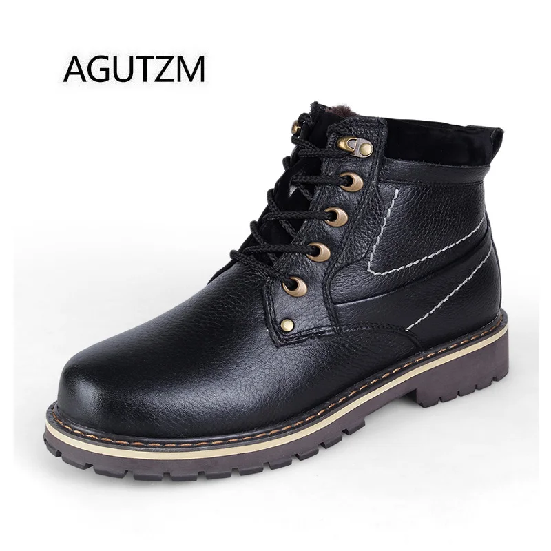 AGUTZM 8988 Fashion Lace Up 100% Genuine Leather Men's Winter Boots Soft Cow Warm Plush Ankle Plus Size : 37-50 |