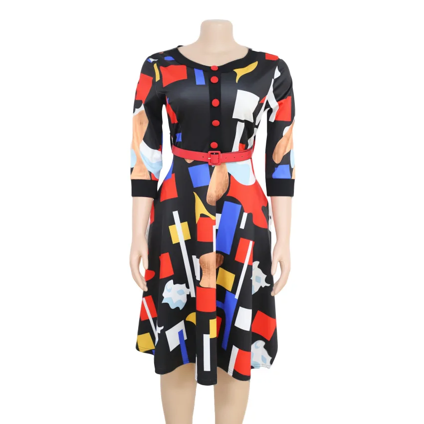 Женская одежда с рисунком A Line винтажные качели Африка мода о образный вырез