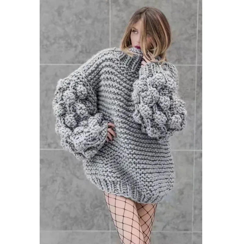 Autumn Coarse wool handmade knitted Sweater women Half turtleneck lazy Rough Knitted Lantern Sleeved 3D Yarn Ball Pullover | Женская