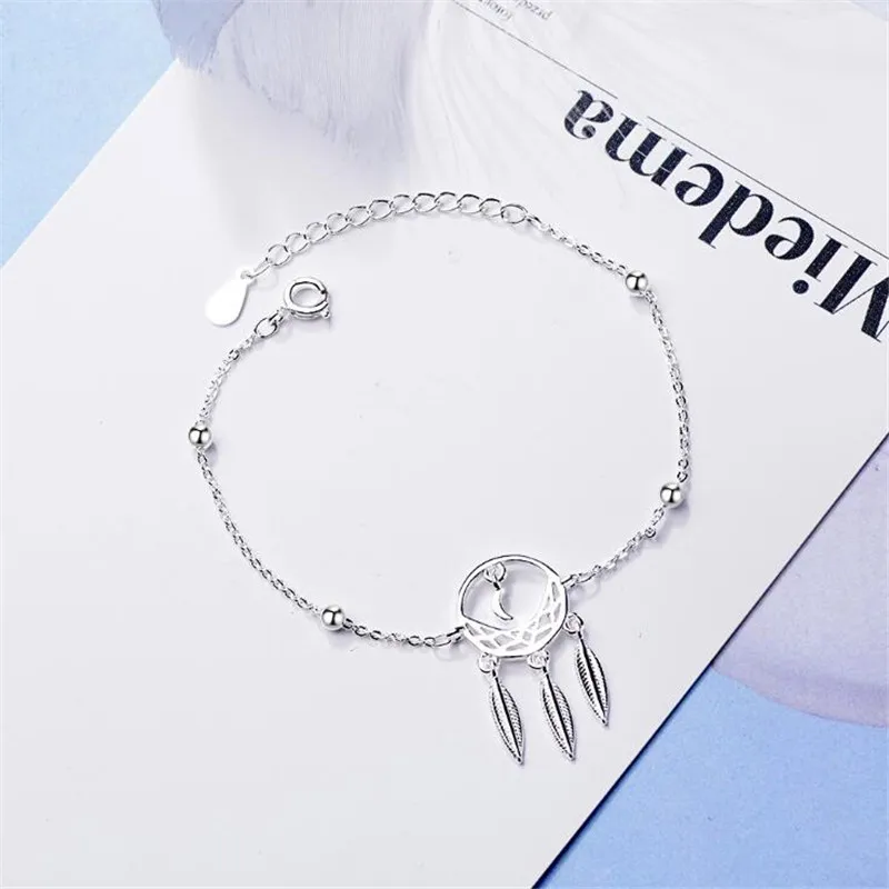 Ретро полые Узор Цветок 925 пробы серебряные ювелирные изделия простой Луна перо в