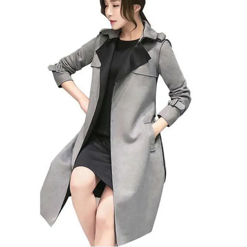 Женский облегающий Тренч из искусственной замши ветровка с поясом верхняя