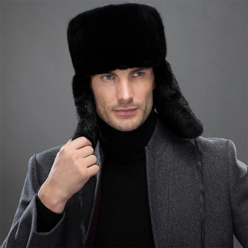 

IANLAN Fashion Mens Import Full-pelt Mink Fur Bomber Hats Winter Windproof Earmuffs Hats Solid Russian Style Hat Cap IL00245