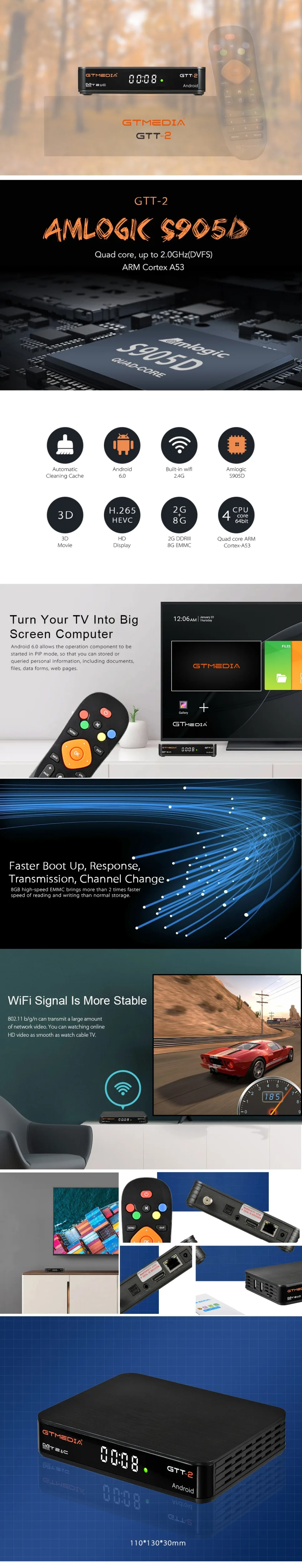 GTMEDIA GTT2 DVB-T2/C android 2g+ 8g 1080p iptv android 6,0 android DVB-T2 signal freesat gtt h.265 встроенный Wifi 2,4G cccam m3u