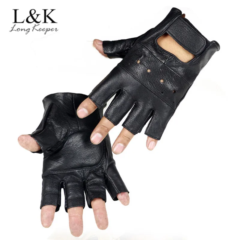 

Long Keeper Men Genuine Leather Gloves High Quality Slip-resistant Luvas Half Finger Sheep Leather Fingerless Gloves gants moto