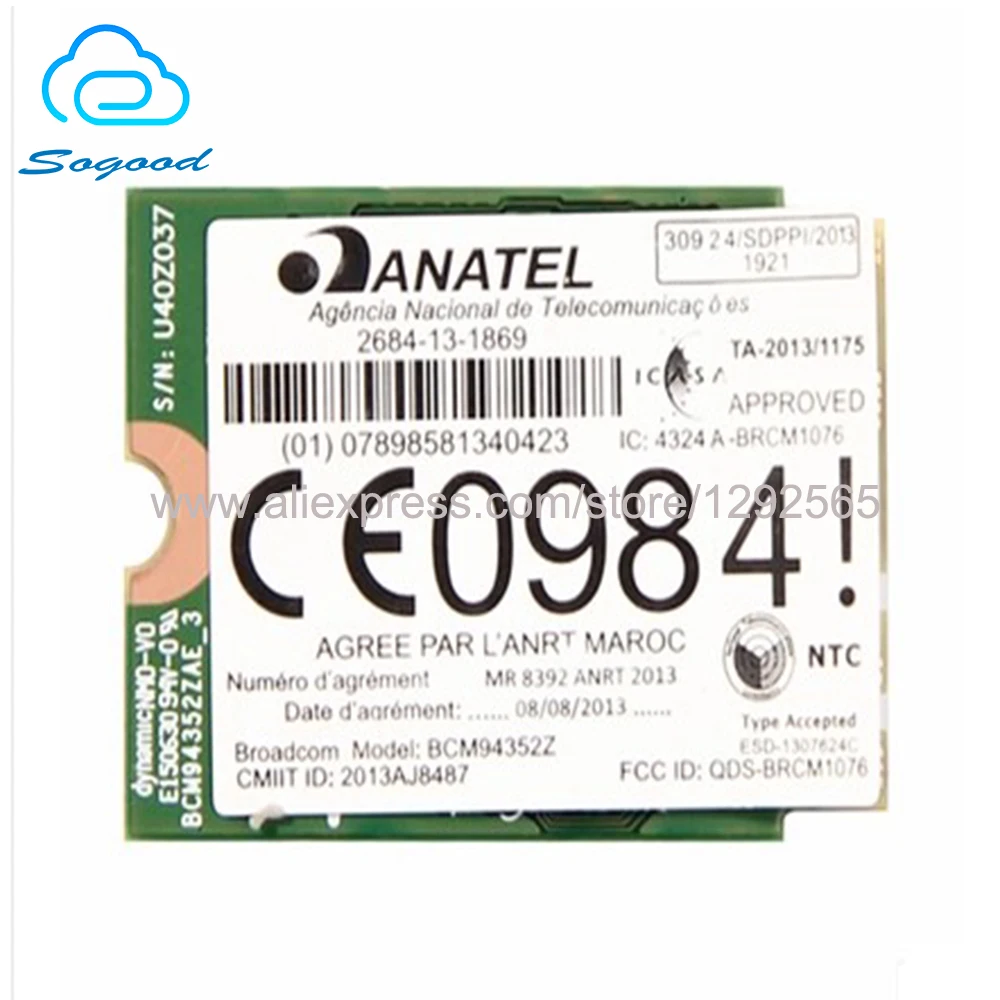 BroadCom BCM94352Z BCM94352 DW1560 NGFF/M.2 867 Мбит/с Bluetooth 4 0 802.11AC Dual Band 2 4G + 5G Wlan Wi-Fi Беспроводной